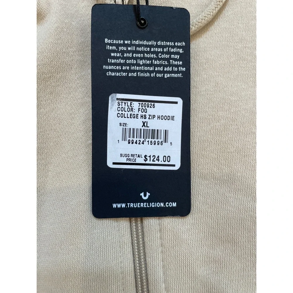 True Religion Zip Hoodie Mens XL Fog Beige College Logo Y2K Streetwear New